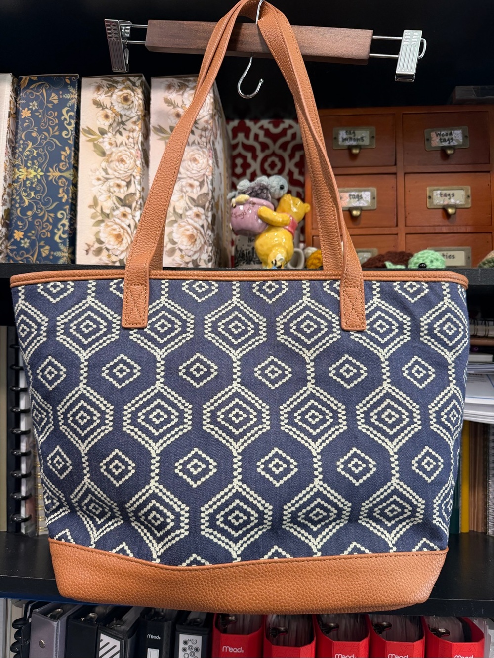 thirty-one Navy Geometric Tote with Tan Trim